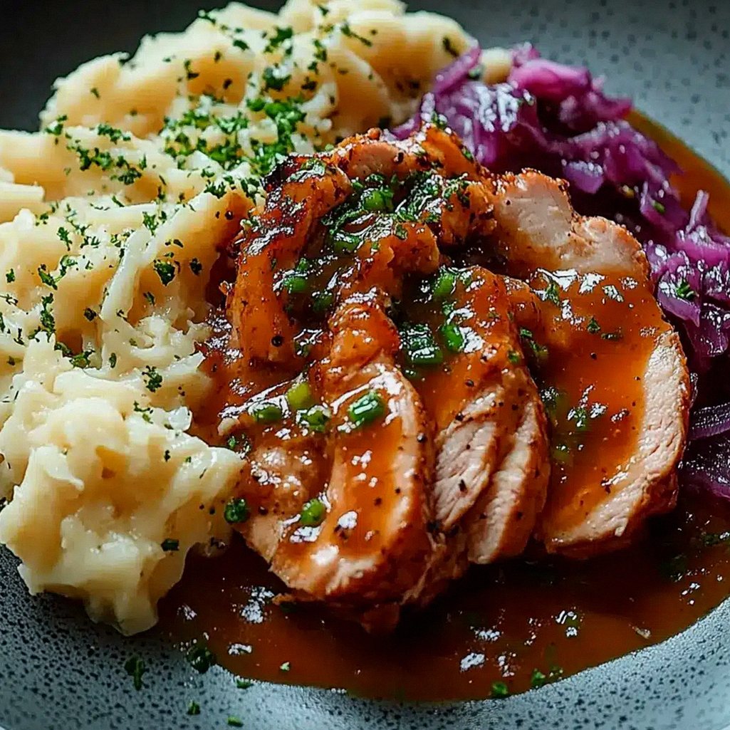 Aromatyczne plastry pierś z indyka w sosie z domowym puree ziemniaczanym