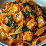 Pyszny makaron z kurczakiem i szpinakiem w aromatycznym sosie curry