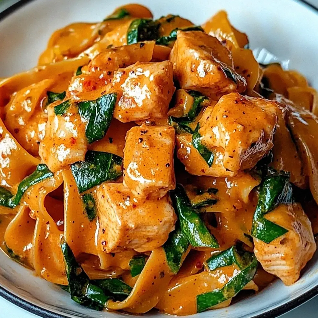 Pyszny makaron z kurczakiem i szpinakiem w aromatycznym sosie curry
